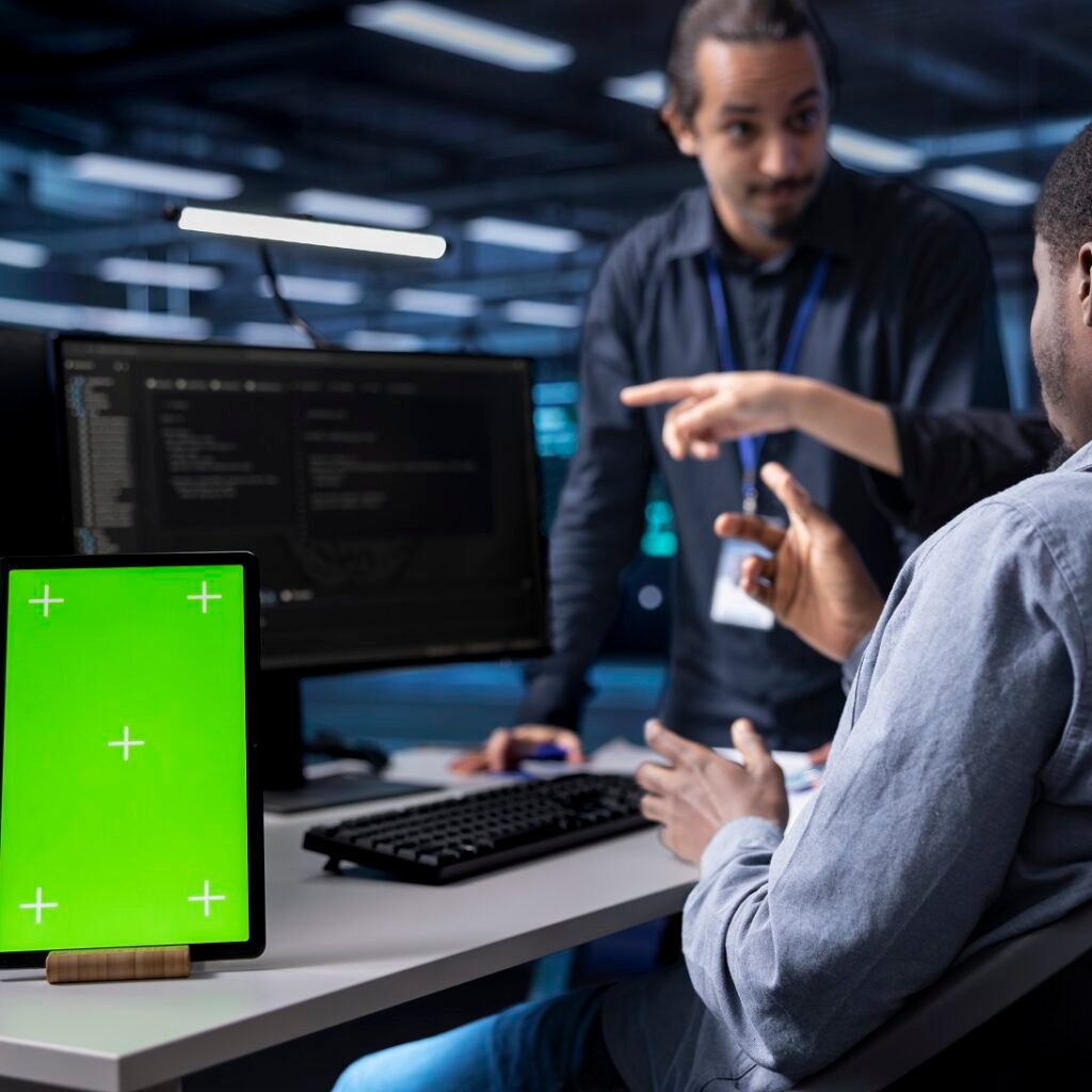 multiethnic team using green screen tablet to oversee servers